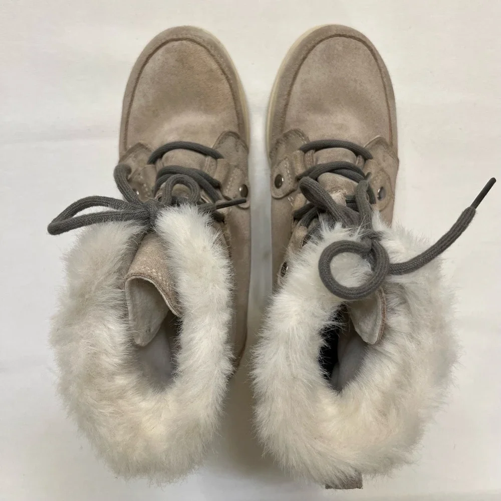 Sorel Explorer Boots Gray Suede w/ White Faux‎ Fur Size 7.5